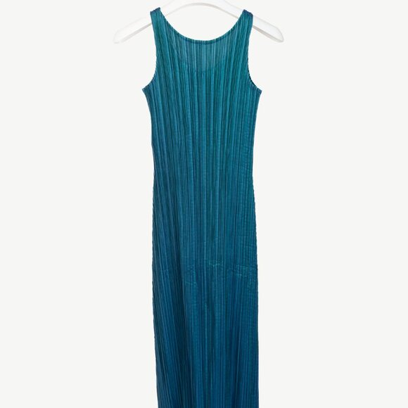 Issey Miyake Metallic-Blue Ruffle-Hem Sleeveless Maxi Dress - Picture 2 of 9